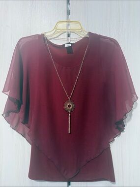 Sheer Layered Flutter Sleeve Top in Deep Burgundy